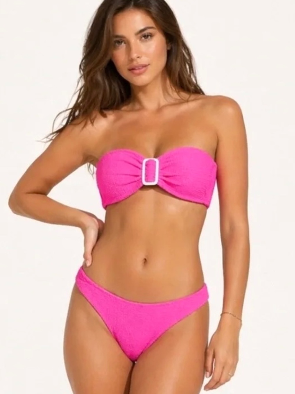 Milly x Margot Solid Hot Pink Textured Bandeau Bikini Set Mixed M/Bottom L/Top